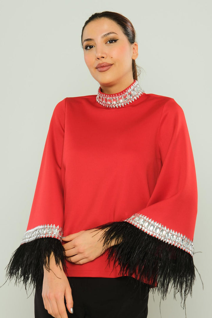 WOMEN'S DRESSY RHINESTONE BEADED NECK TOPS. BLACK, RED, LEOPARD PRINT