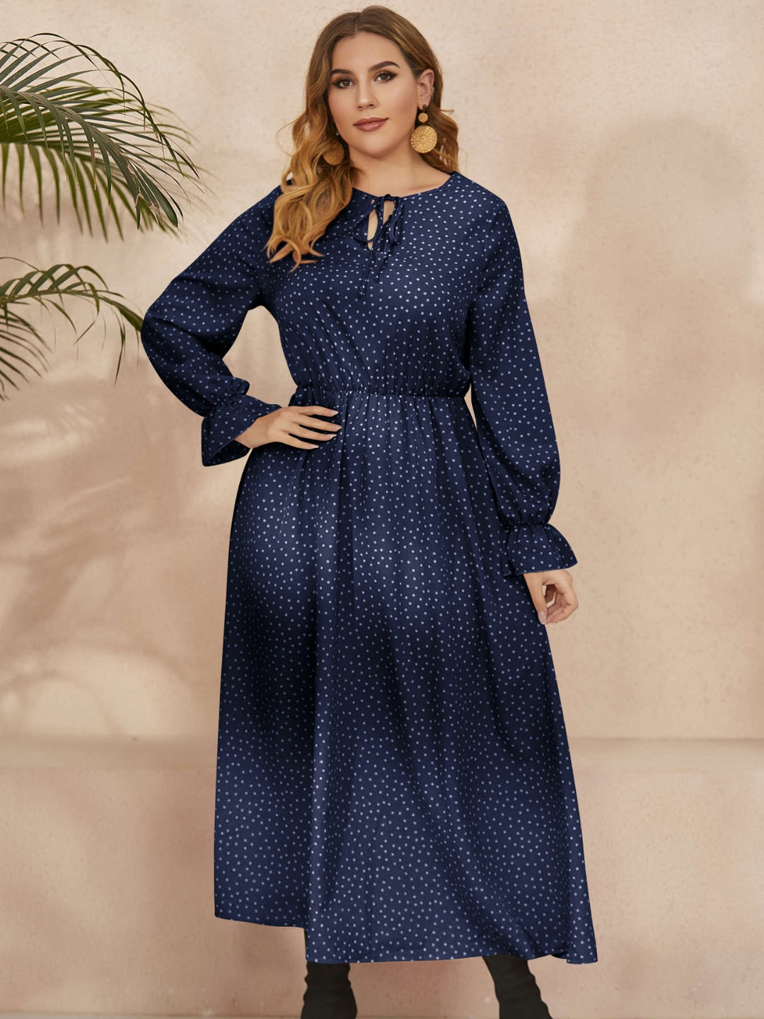 Ruffled Polka Dot Long Sleeve Midi Dress