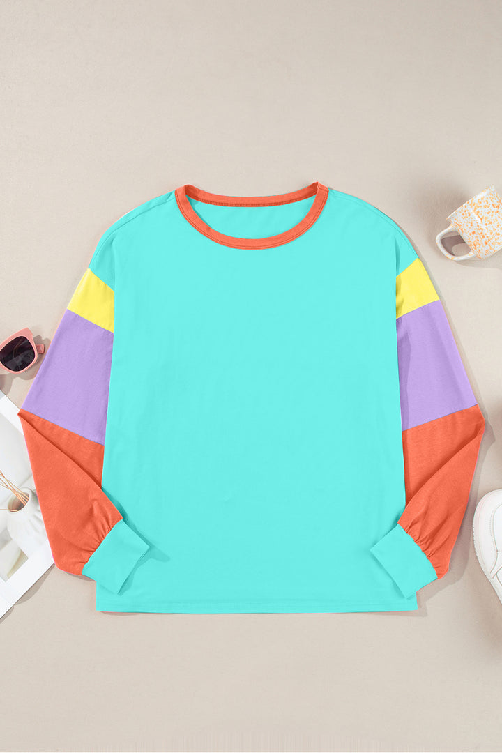 Color Block Round Neck Long Sleeve Top