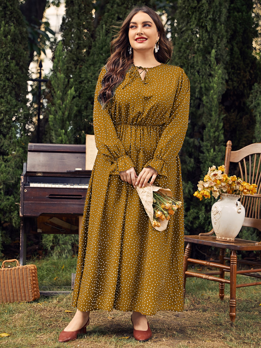 Ruffled Polka Dot Long Sleeve Midi Dress