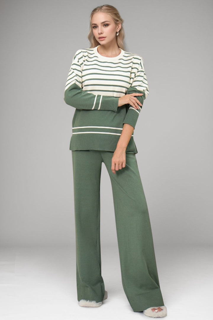 Basic Bae Striped Round Neck Long Sleeve Top and Pants Sweater Set