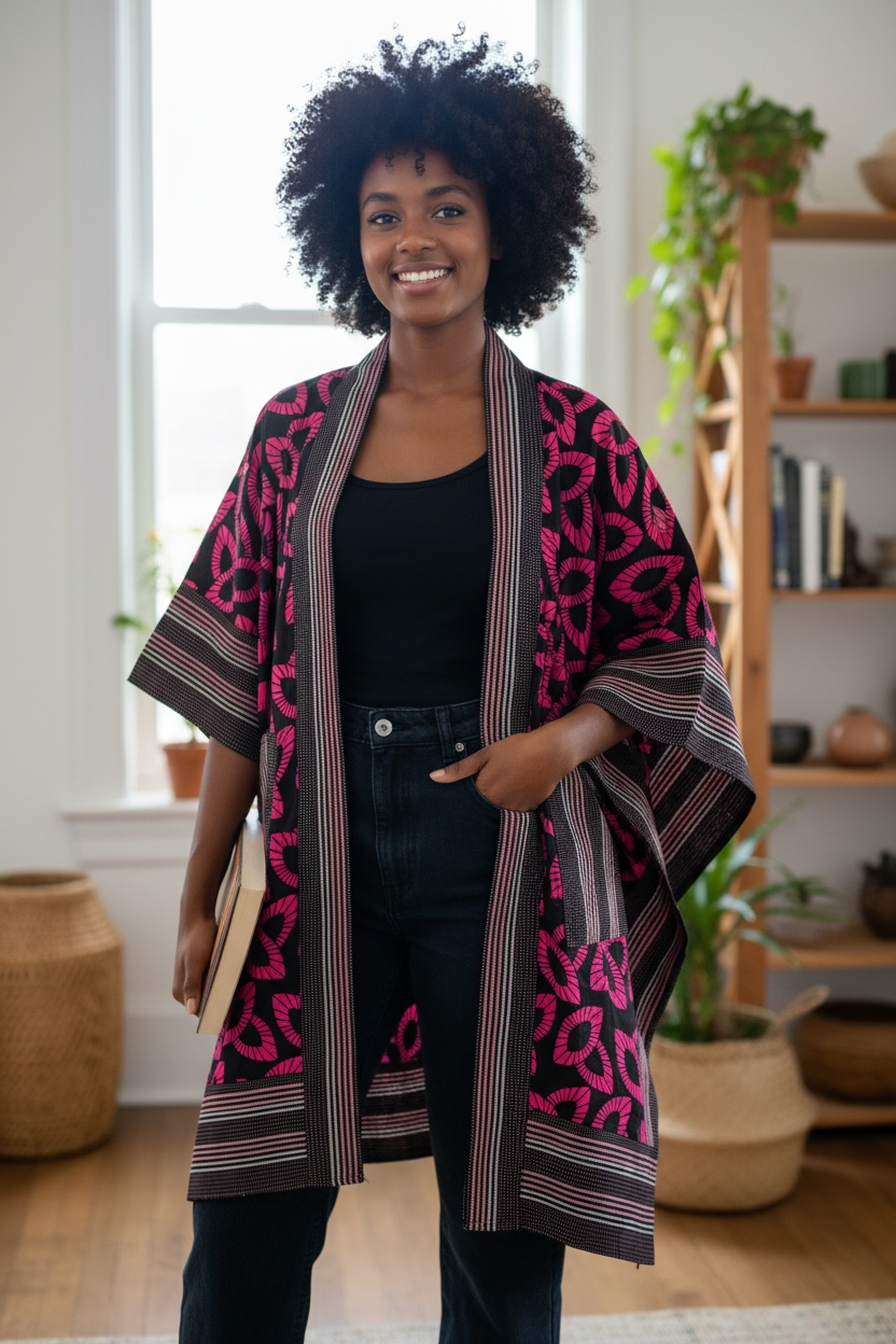 African Women Ankara Kimono In Combination With Aso-Oke