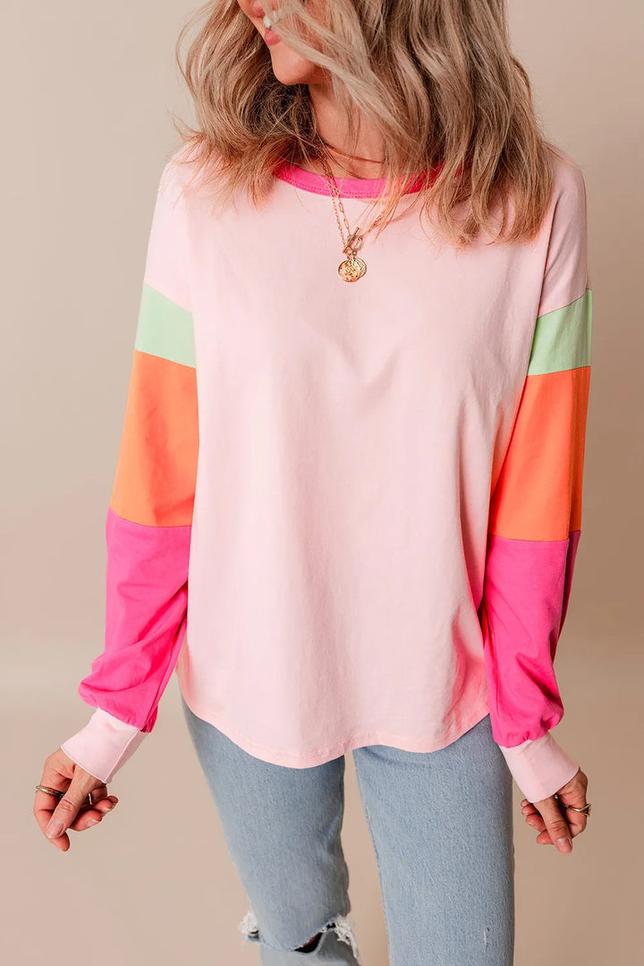 Color Block Round Neck Long Sleeve Top