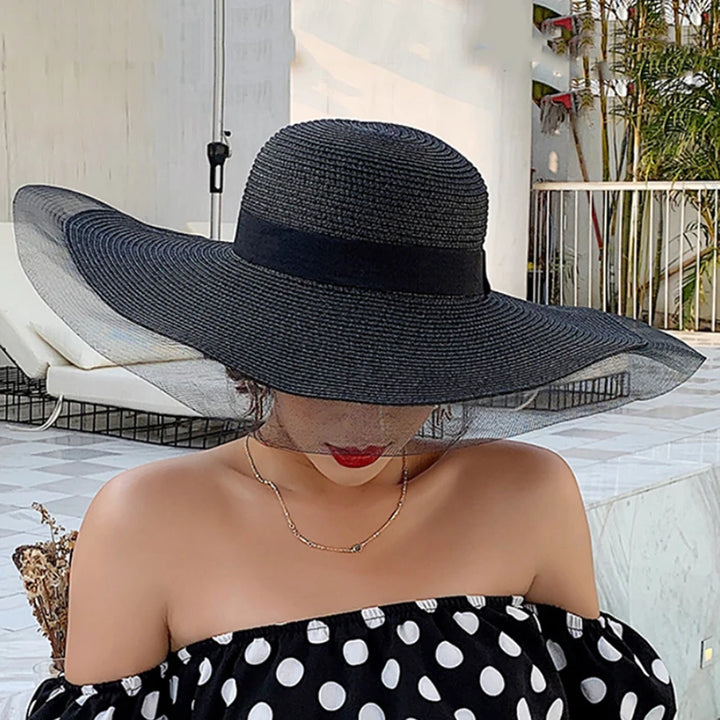 Wide Brim Floppy Straw Hat in Black