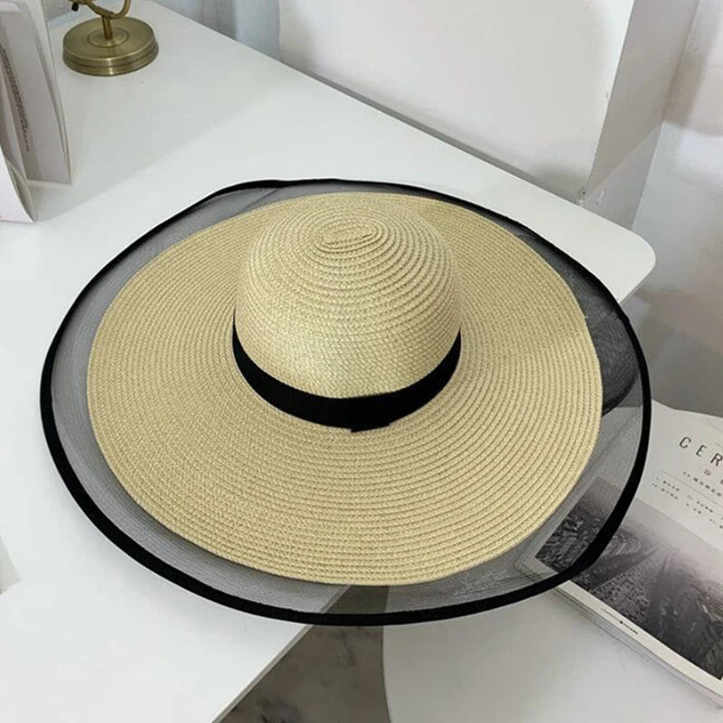 Wide Brim Floppy Straw Hat in Black