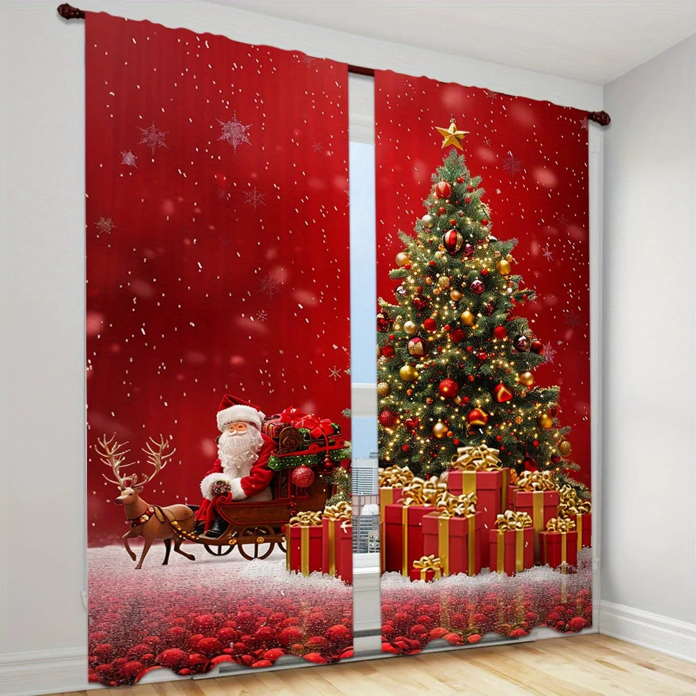 Red Christmas Printed Semi-Blackout Curtain Panels