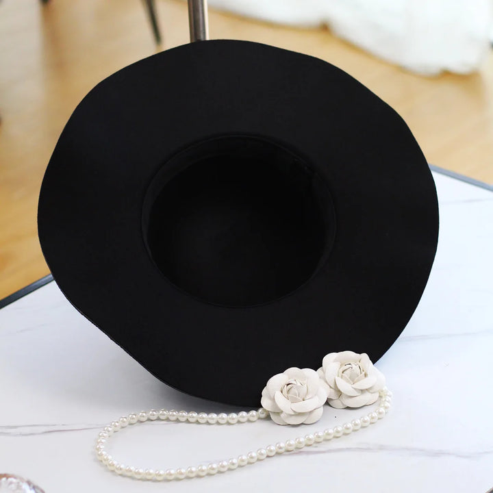 Elegant Hat for Wedding Camellia Imitation Pearl Black Cap