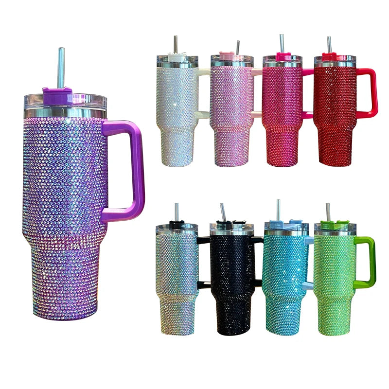 Rhinestone Embellished Thermos Cup with Handle