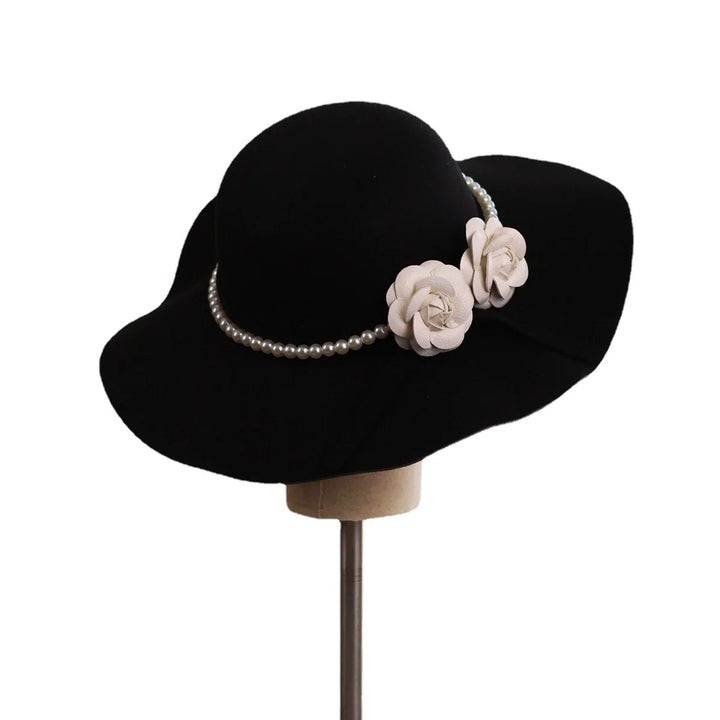 Elegant Hat for Wedding Camellia Imitation Pearl Black Cap