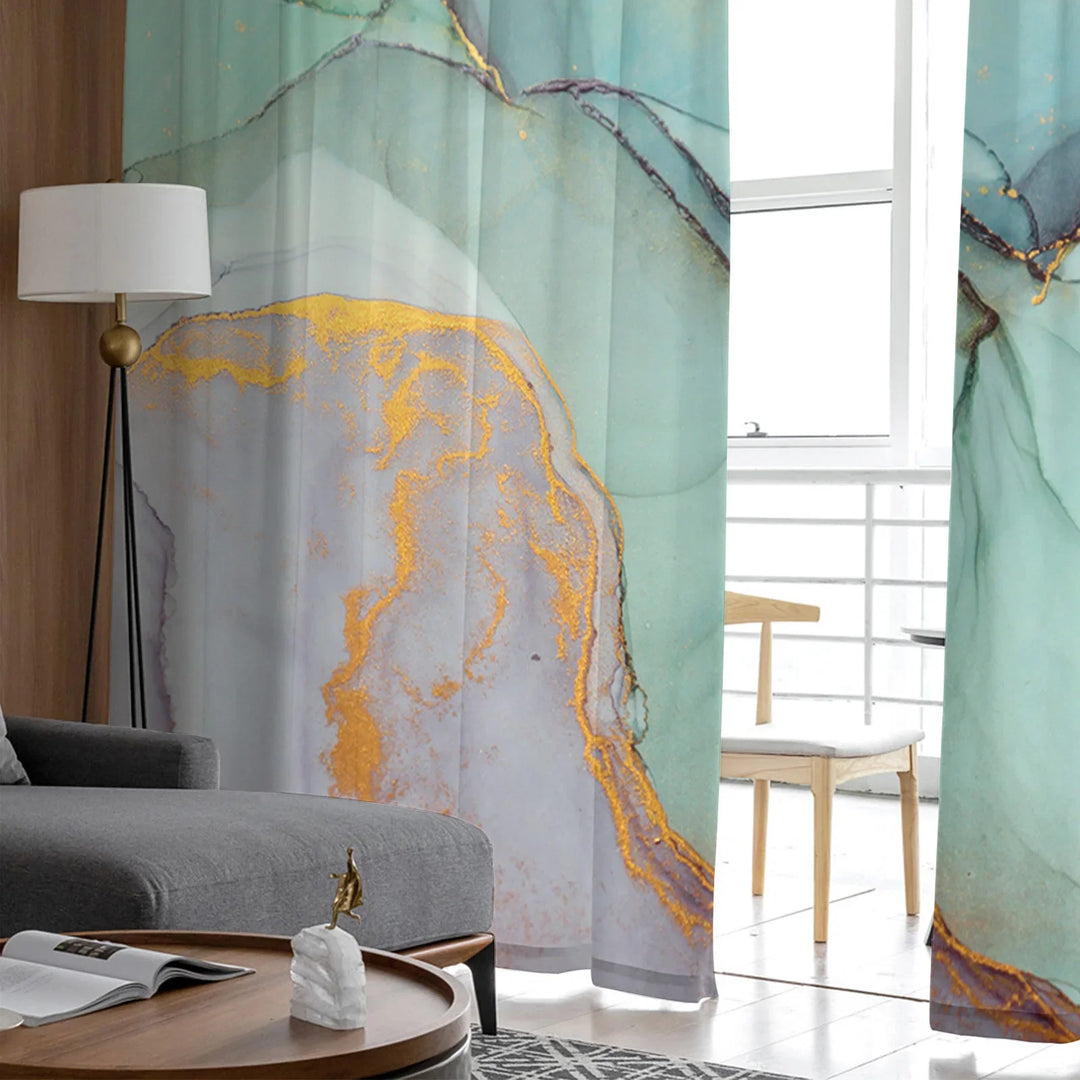 Set of Marble Turquoise Curtains with Tulle