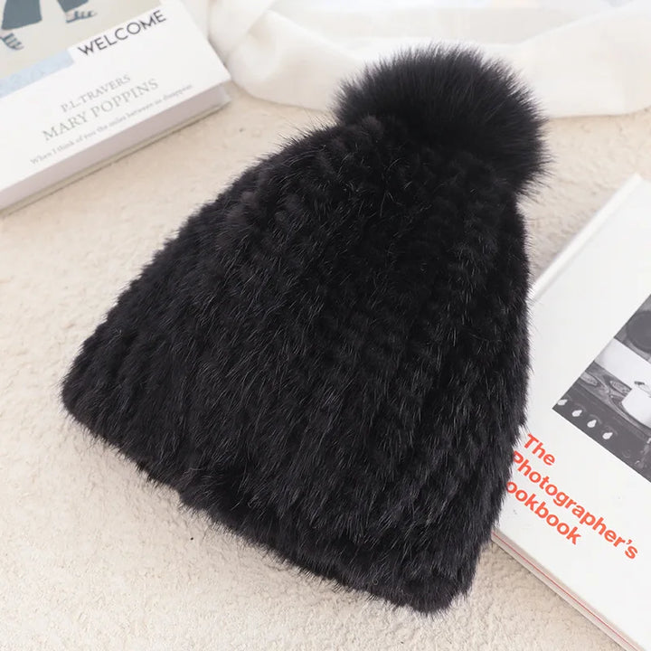 Real Mink Fur Hat with Fox Fur Pompoms