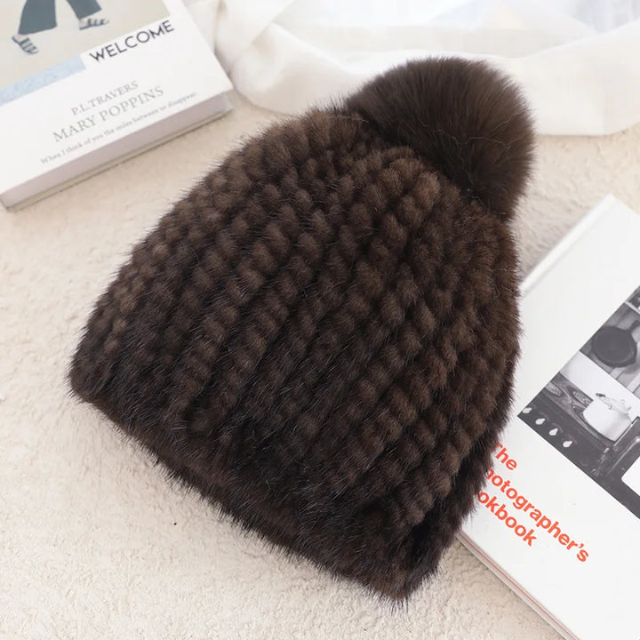 Real Mink Fur Hat with Fox Fur Pompoms