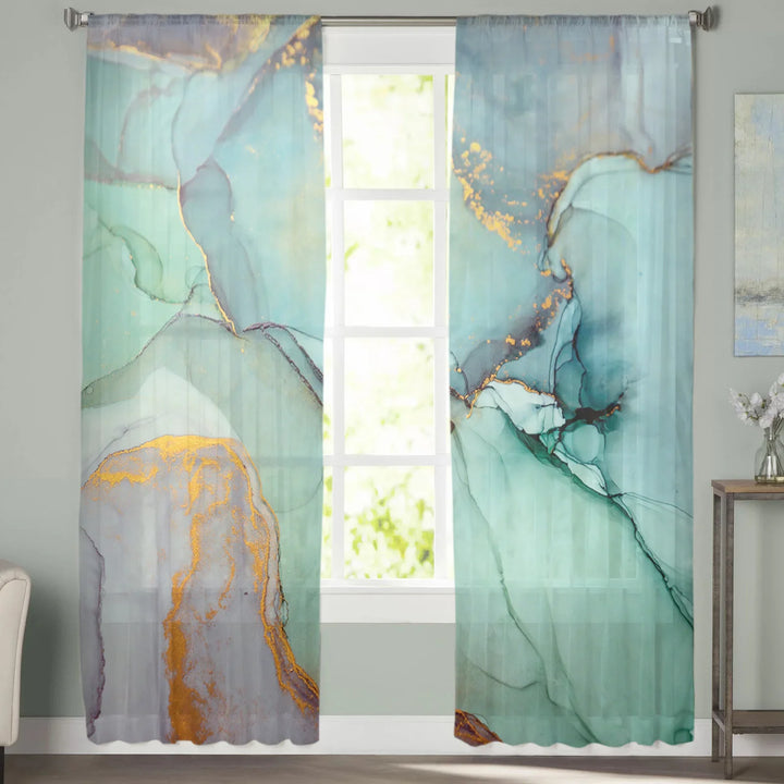 Set of Marble Turquoise Curtains with Tulle