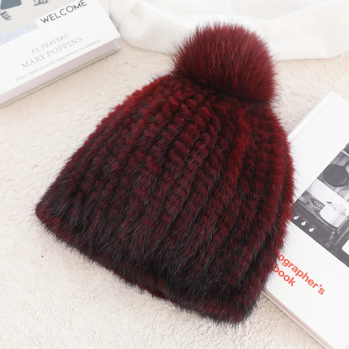 Real Mink Fur Hat with Fox Fur Pompoms