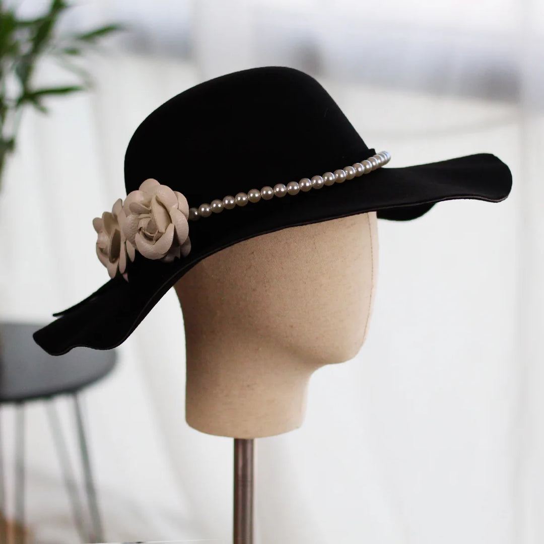 Elegant Hat for Wedding Camellia Imitation Pearl Black Cap