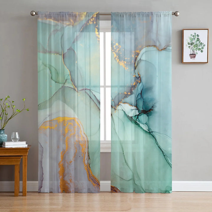 Set of Marble Turquoise Curtains with Tulle