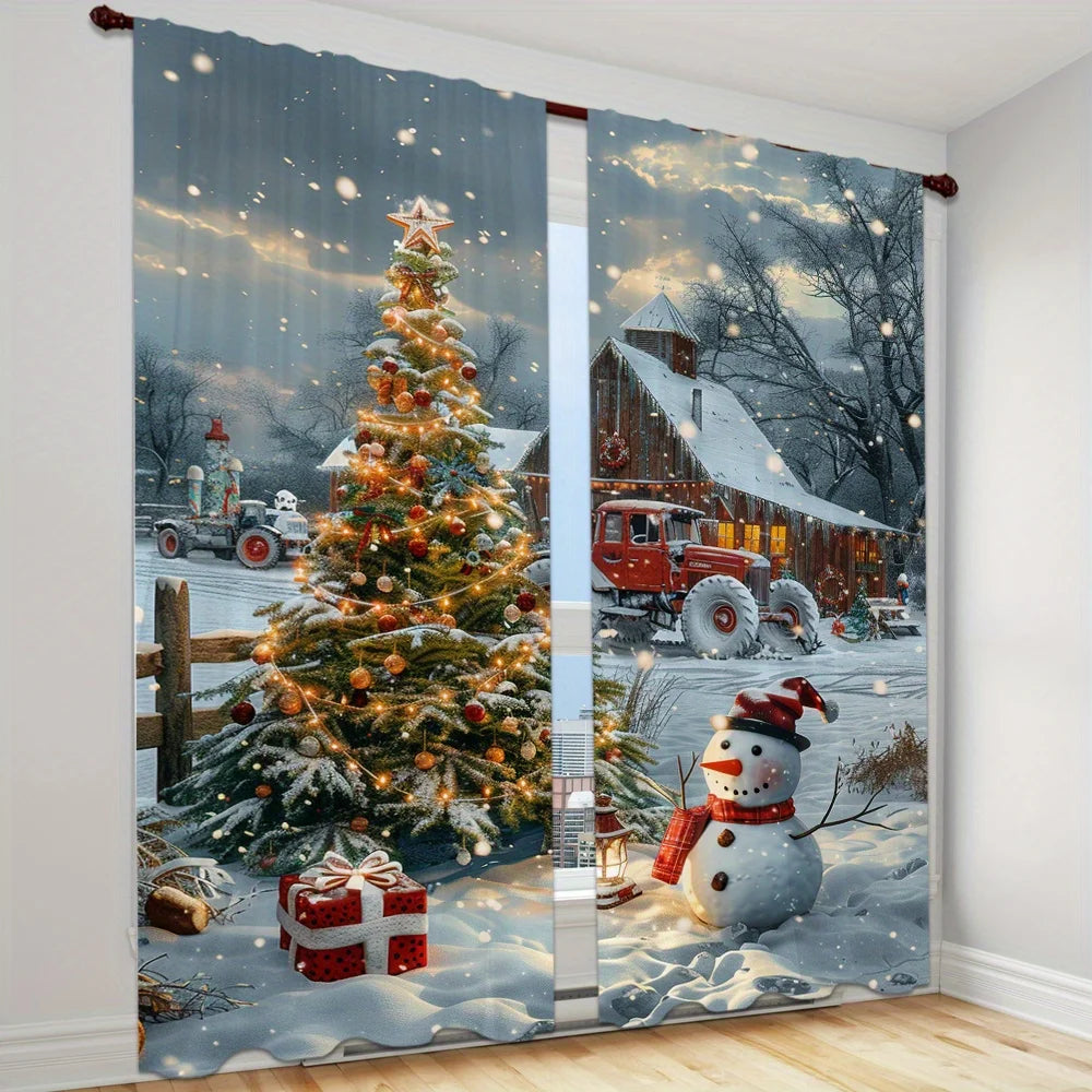 Red Christmas Printed Semi-Blackout Curtain Panels