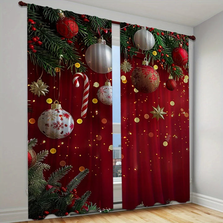 Red Christmas Printed Semi-Blackout Curtain Panels