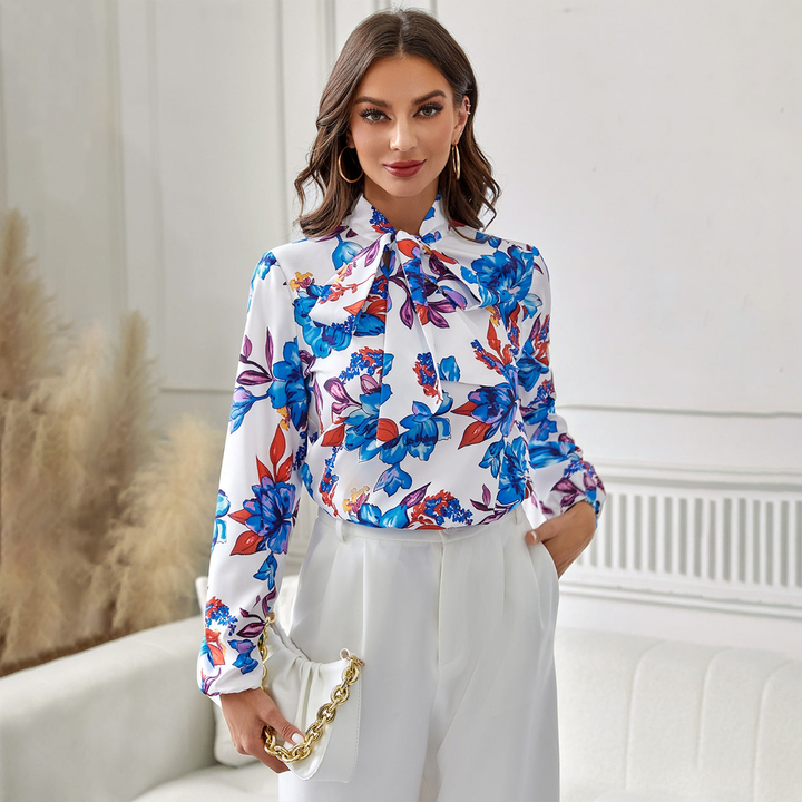 Floral Tie Neck Long Sleeve Blouse