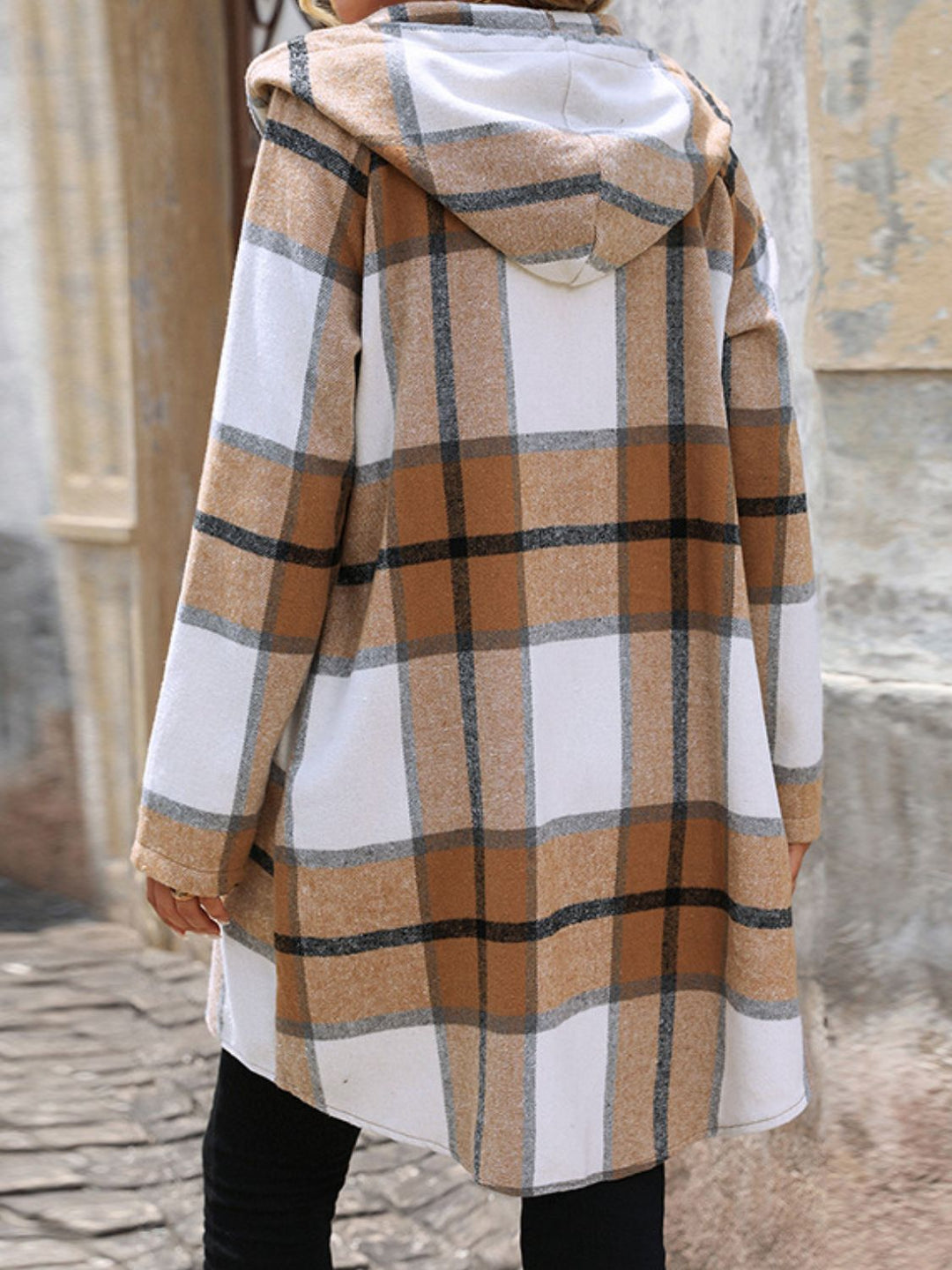 Drawstring Plaid Zip Up Long Sleeve Hooded Outerwear