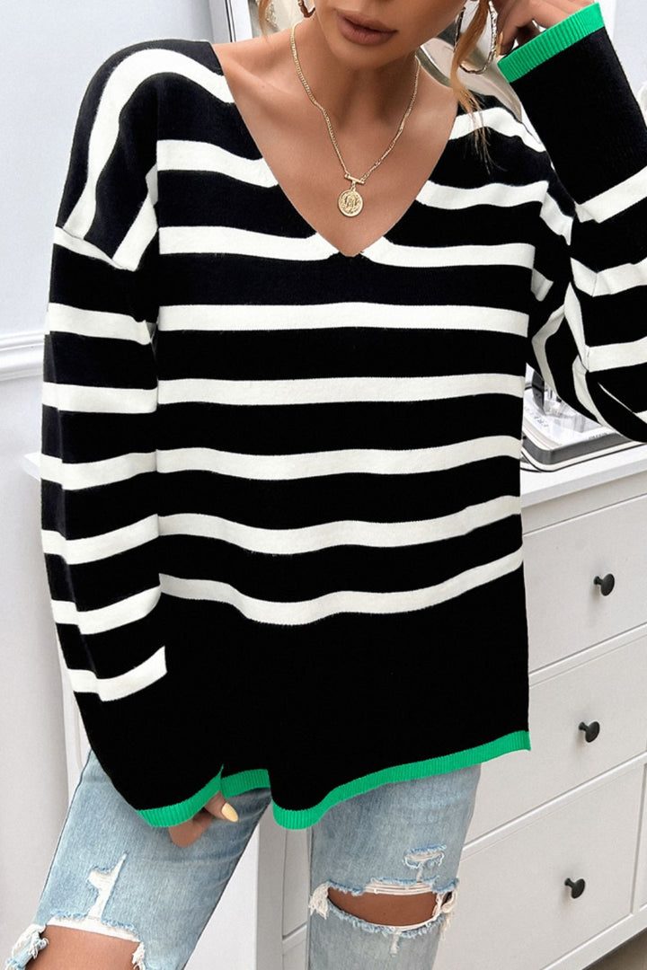 Devine Striped V-Neck Long Sleeve Knit Top