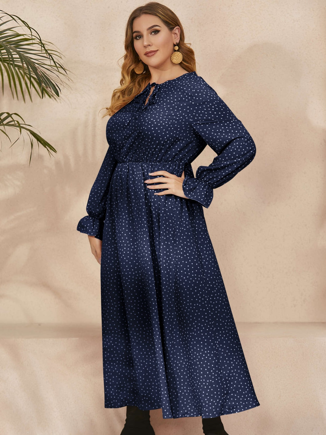 Ruffled Polka Dot Long Sleeve Midi Dress