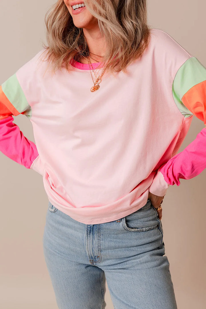 Color Block Round Neck Long Sleeve Top